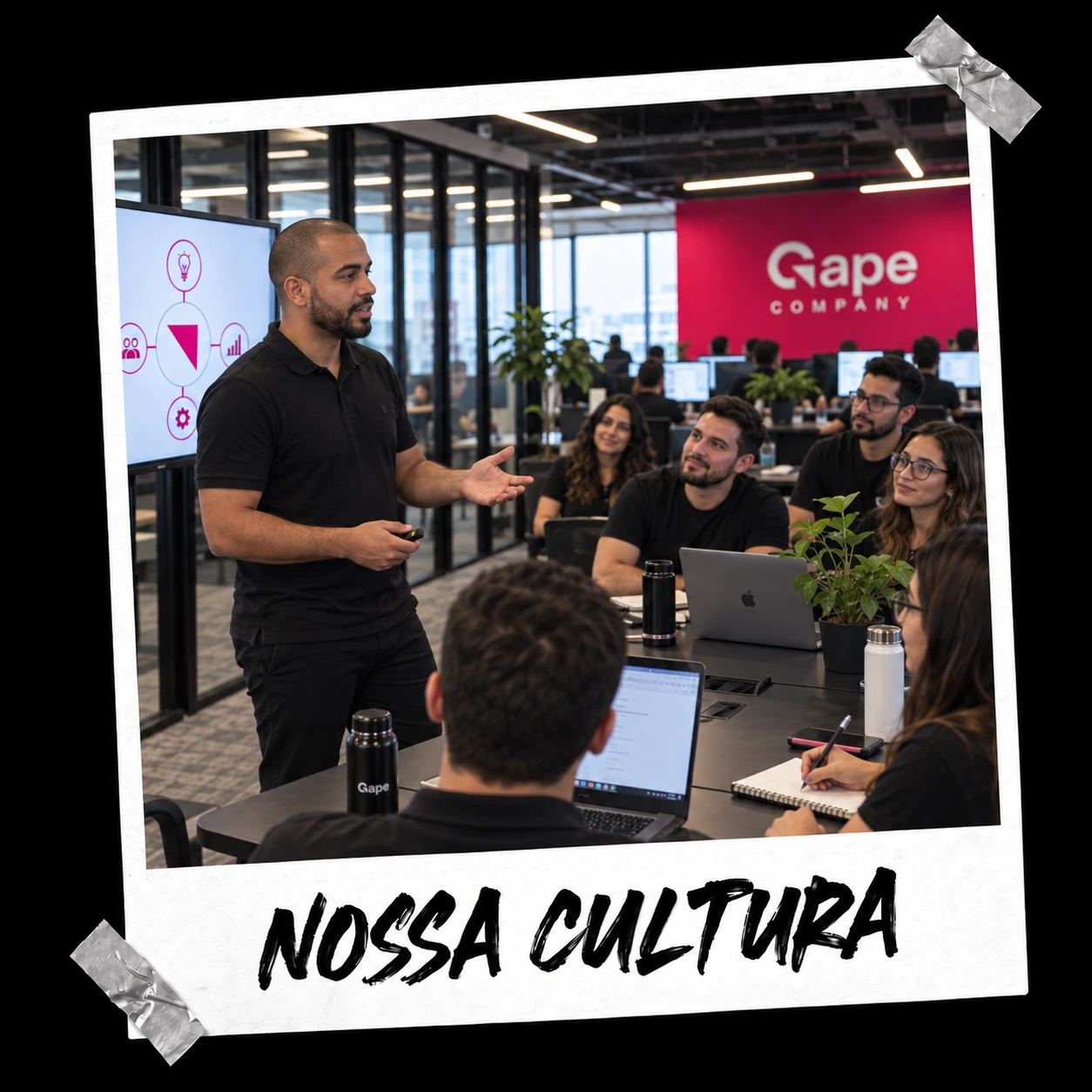 Nossa cultura: apresentação e troca de ideias com a equipe da Gape, em uma foto com moldura e fitas